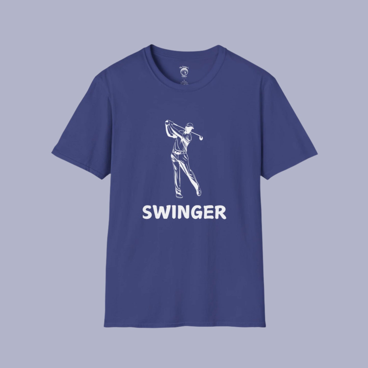 Blue golf shirt with graphic of a golfer with the text Swinger under the graphic with a light blue background.