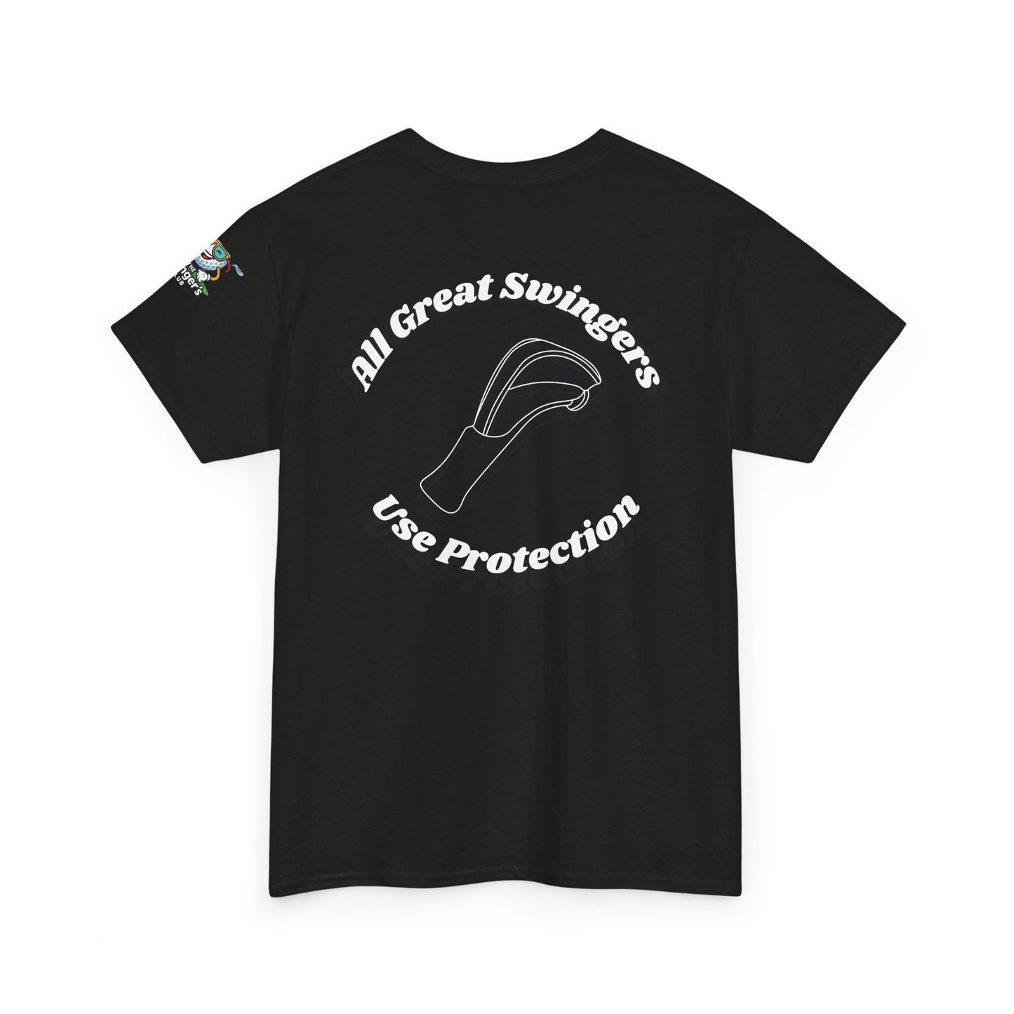 Back of black golf shirt with All Great Swingers USe Protection with Driver head cover in the center