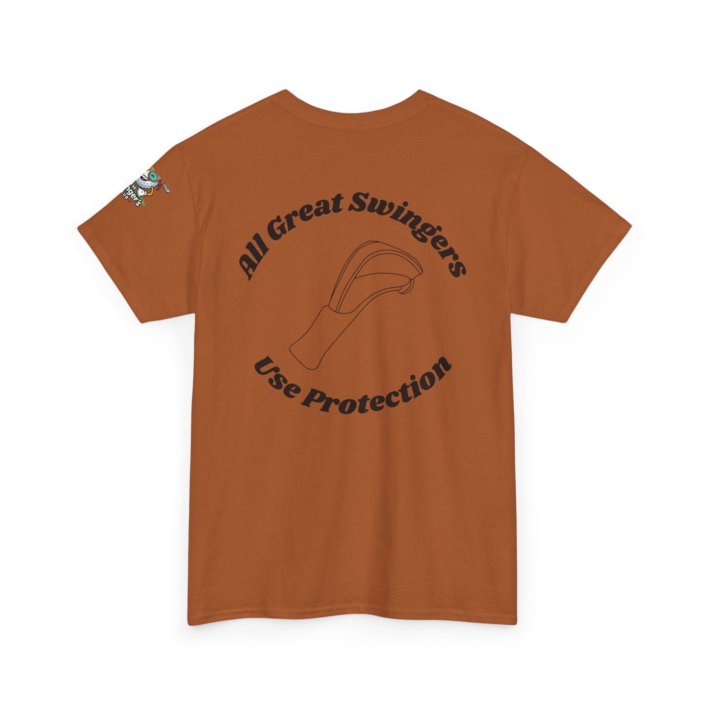Back of burnt orange golf shirt with All Great Swingers use Protection in the center