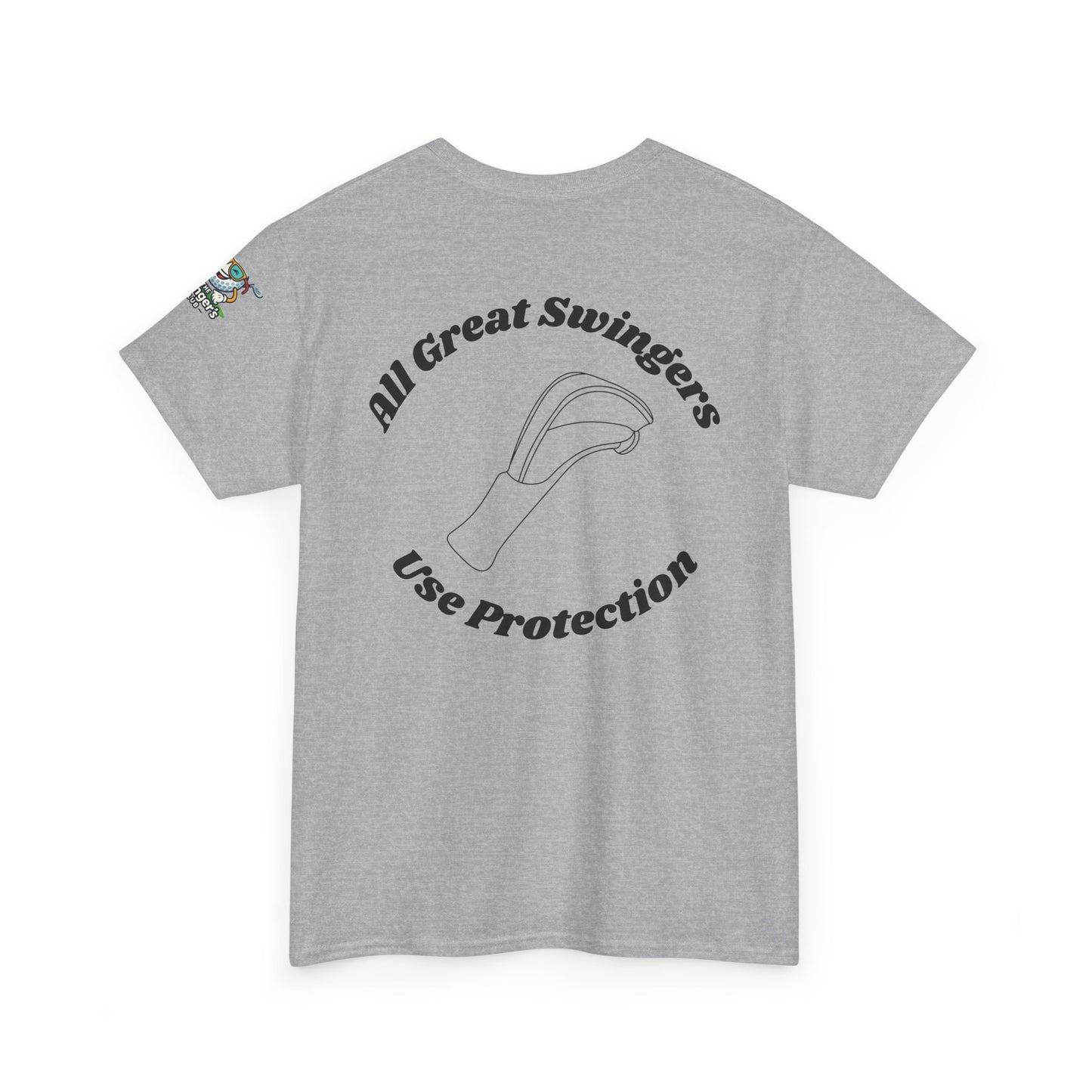 Back of gray golf shirt with All Great Swingers USe Protection with Driver head cover in the center