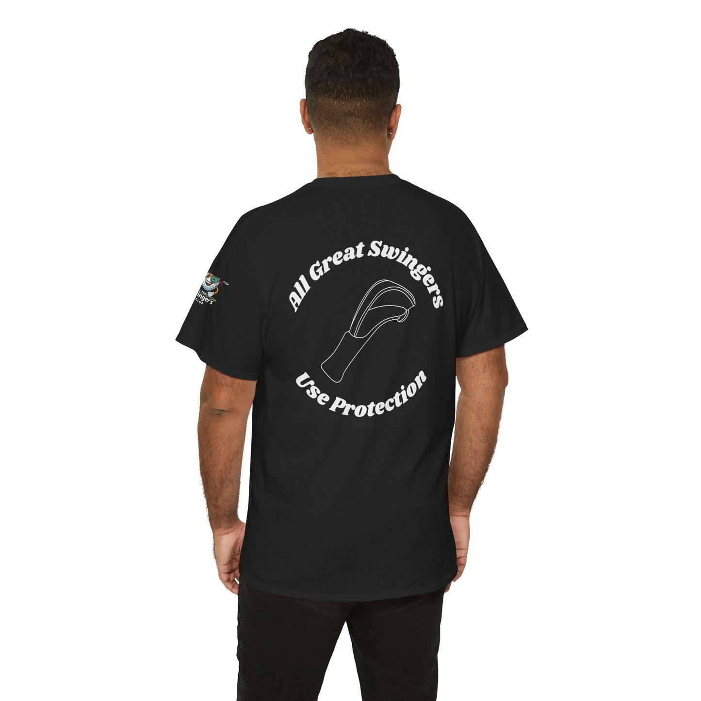 Model facing away so you can see the back of black golf tee with funny saying