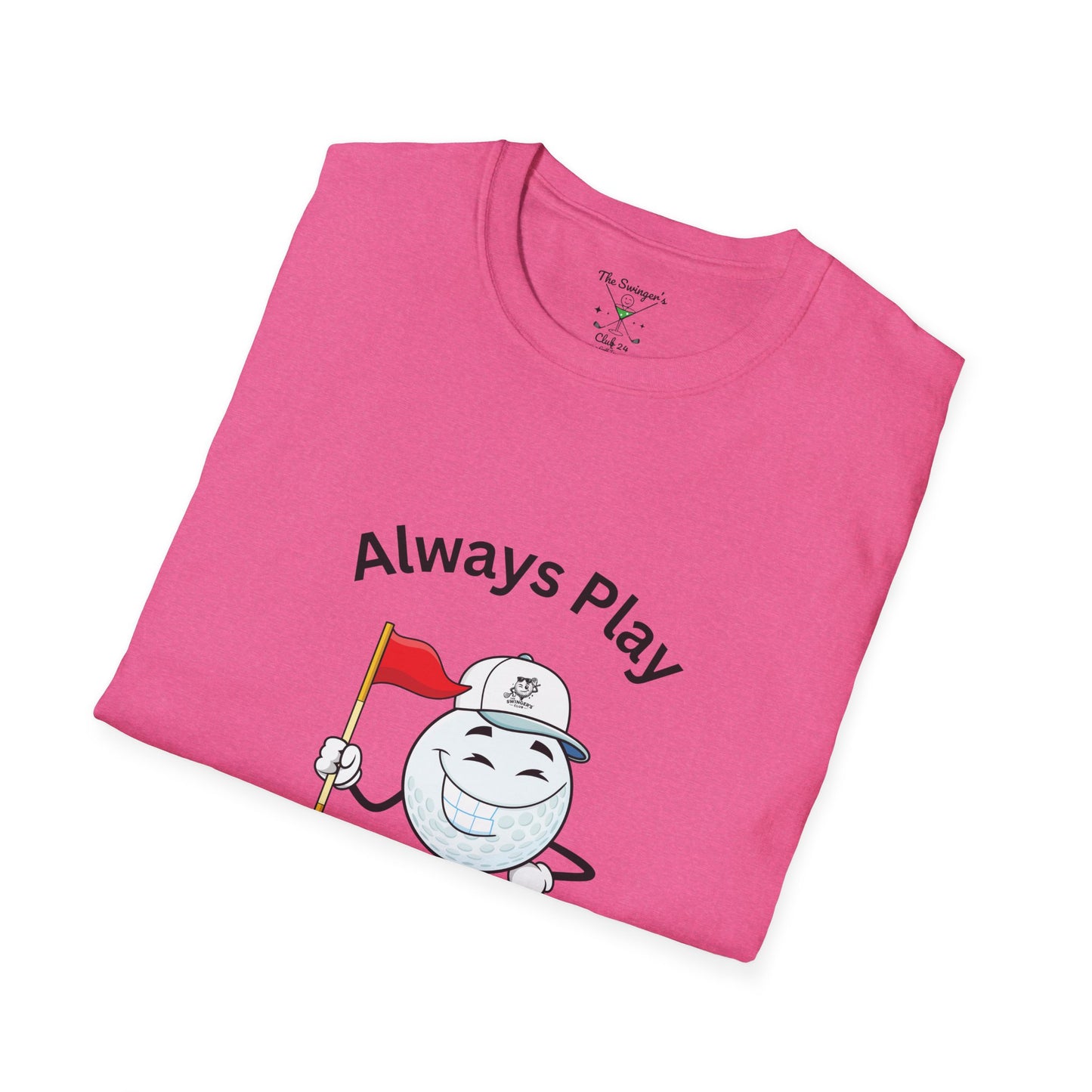 Folded Pink t-shirt with a cartoon golf ball and the phrase ‘Always Play With Clean Balls’ on the front.”