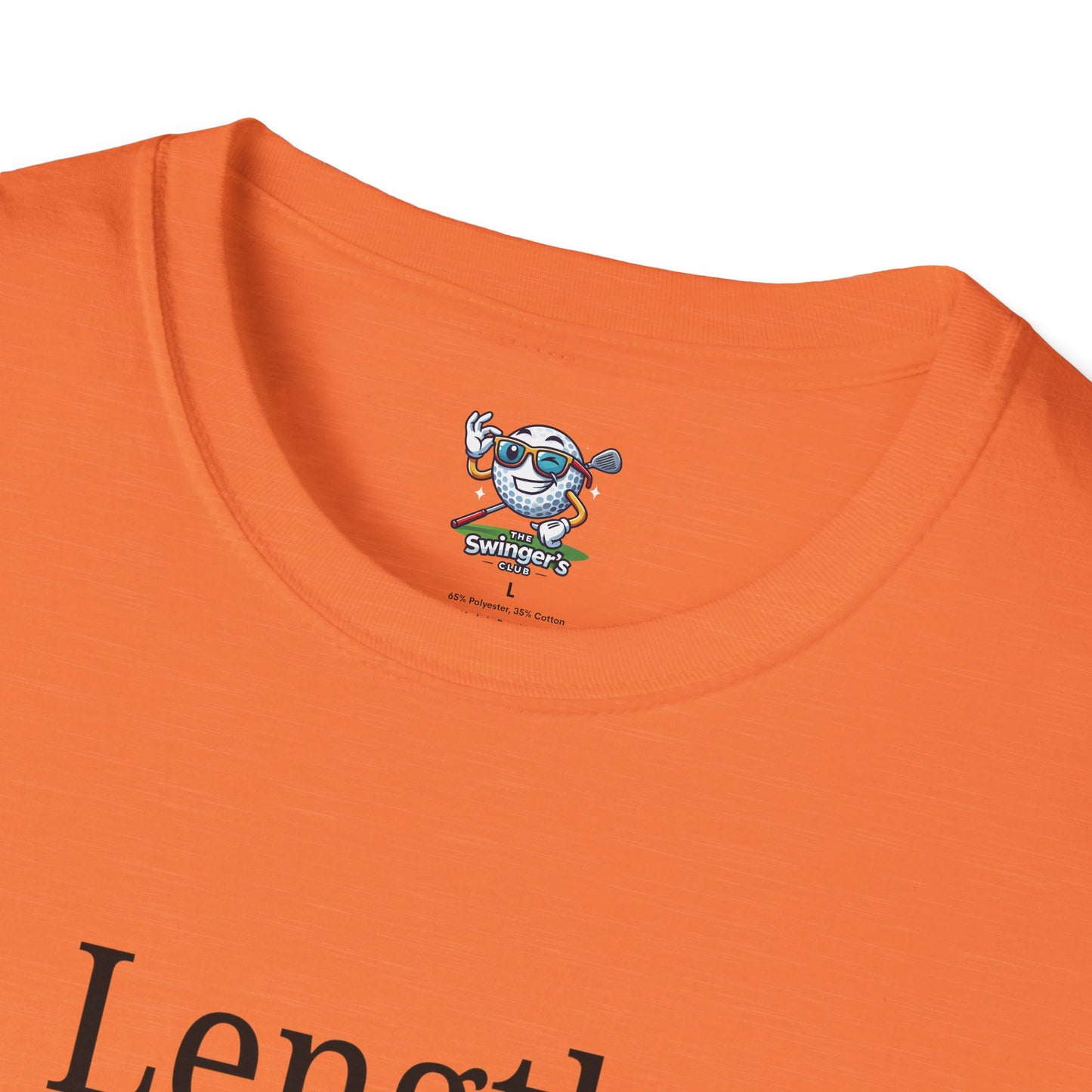 Close-up of an orange t-shirt with a logo on the collar