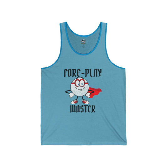 Light-Blue tank top with a golf ball cartoon character wearing a cape and fore play master text.