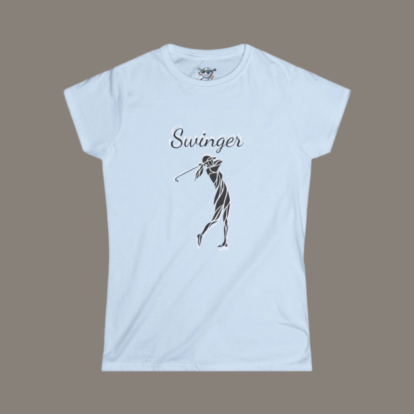 Light Blue Golf shirt with a design of a Female Golfer at the finish of her swing with the text Swinger over the design with a dark gray background