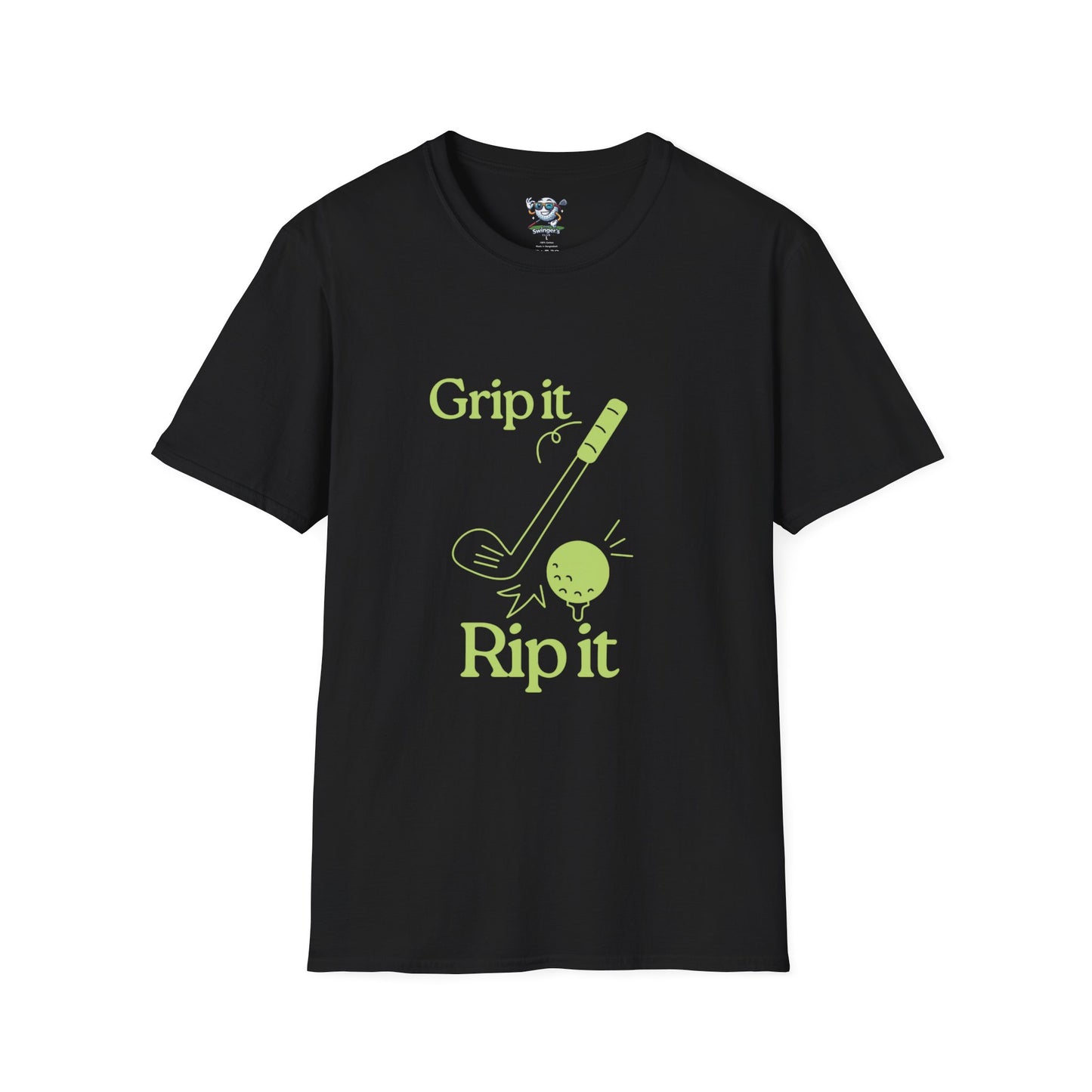 Black golf shirt with Grip It and Rip It on the Front with golf club smacking a golf ball