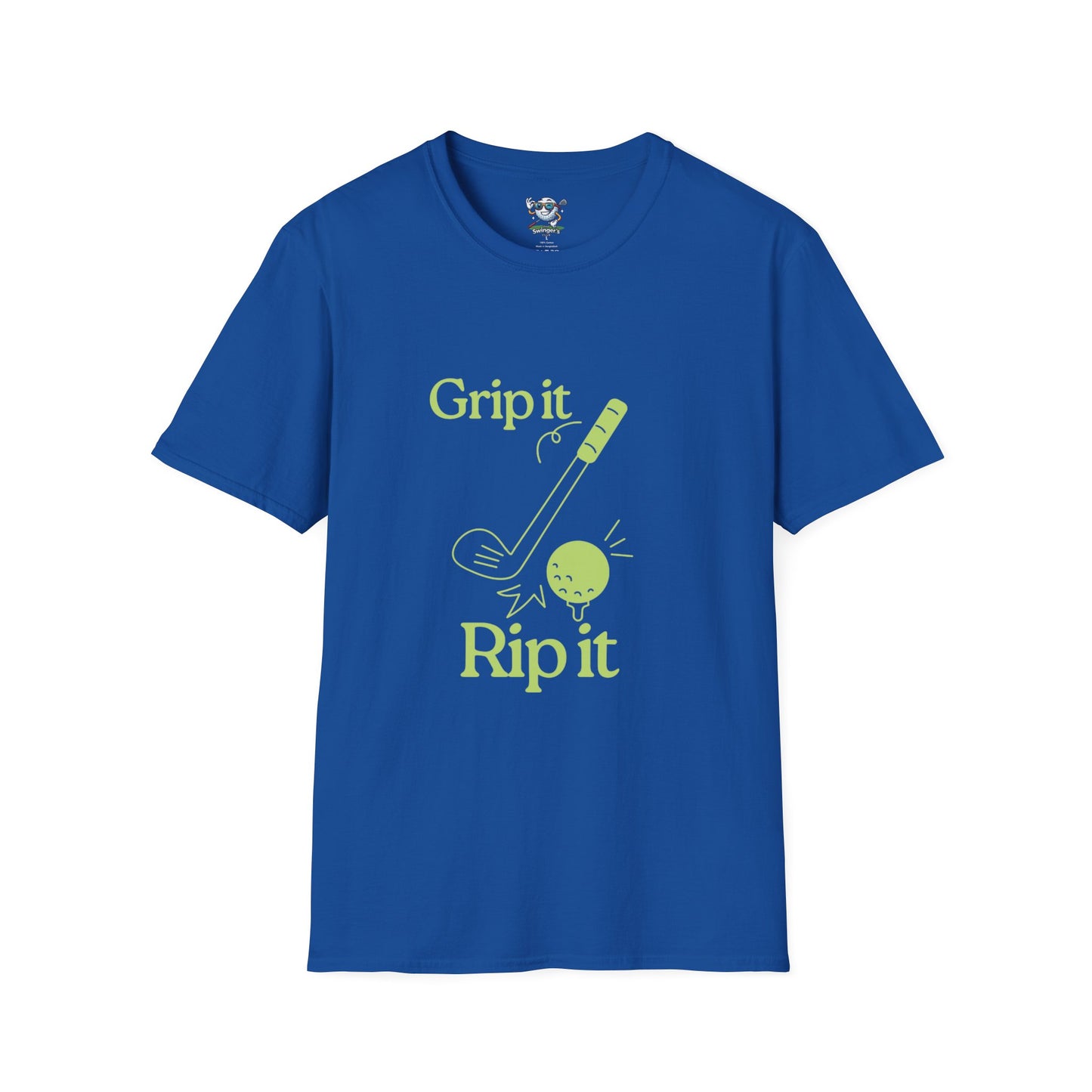 Blue golf shirt with Grip It and Rip It on the Front with golf club smacking a golf ball