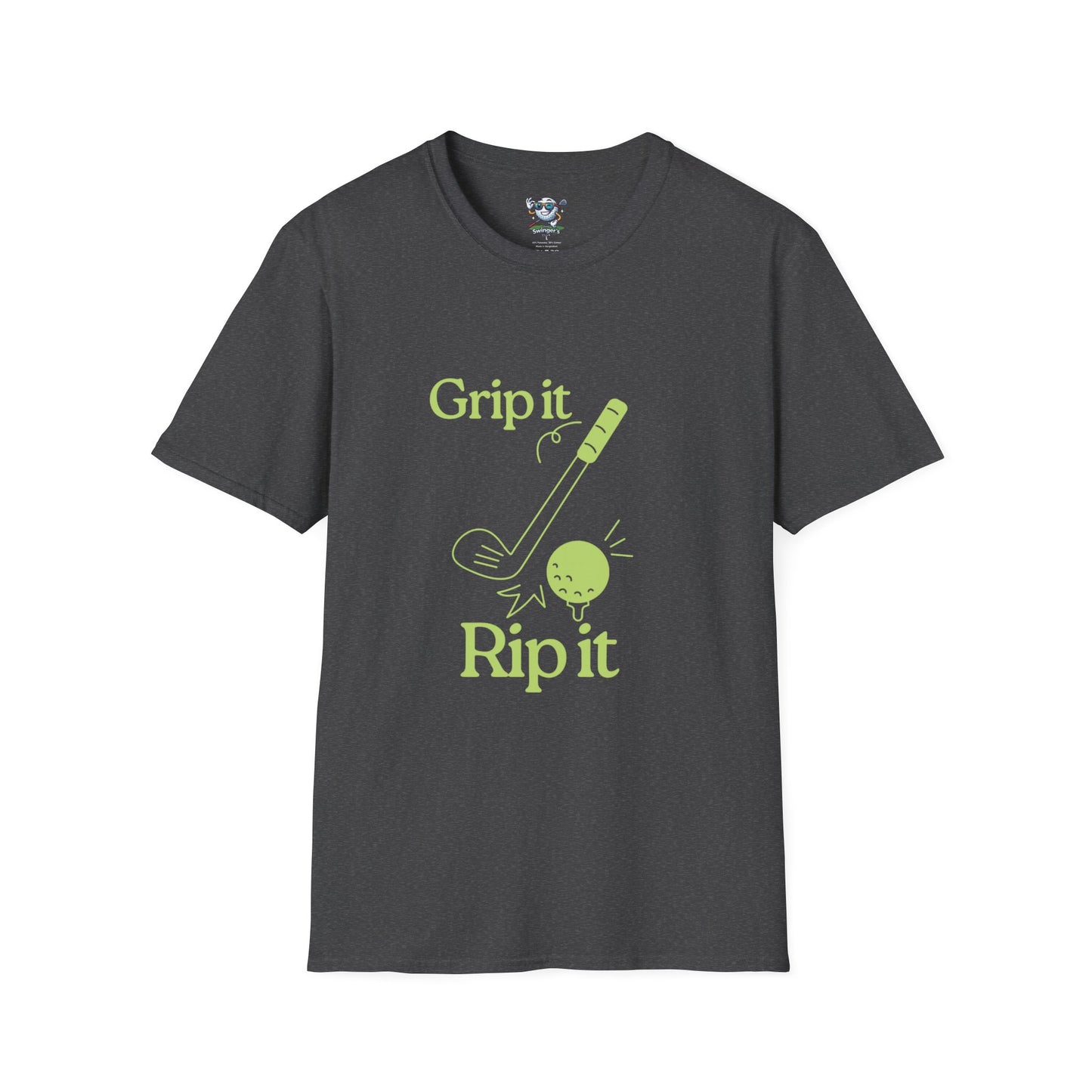 Gray golf shirt with Grip It and Rip It on the Front with golf club smacking a golf ball