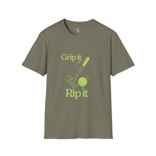 Green golf shirt with Grip It and Rip It on the Front with golf club smacking a golf ball