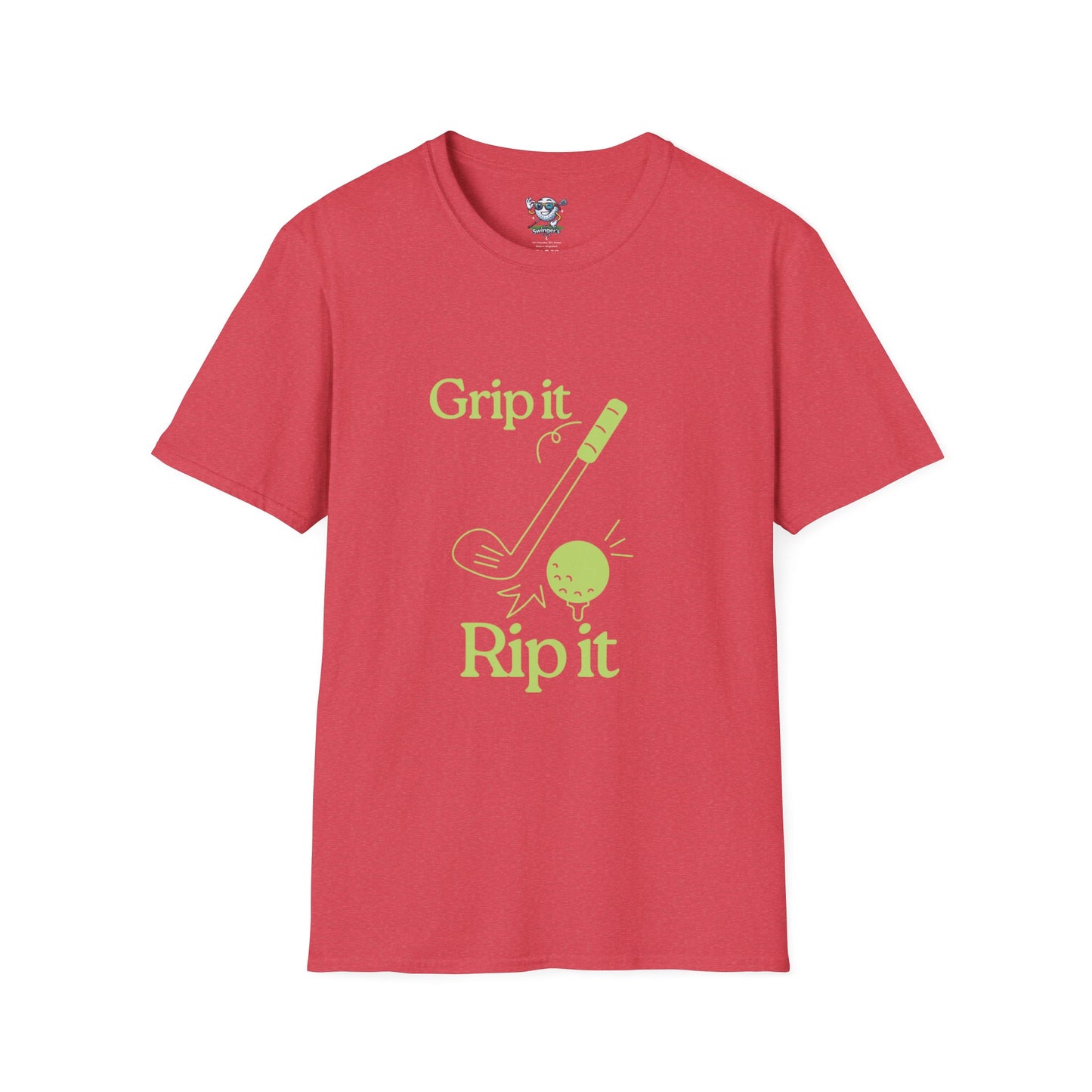 Red golf shirt with Grip It and Rip It on the Front with golf club smacking a golf ball