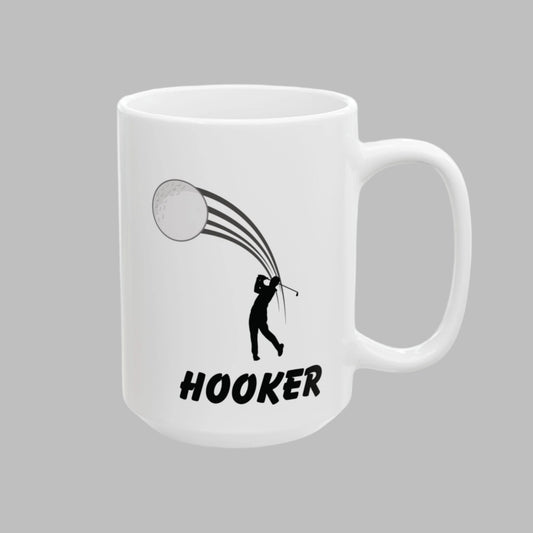 White mug with black graphic of a golfer and 'HOOKER' text on a gray background