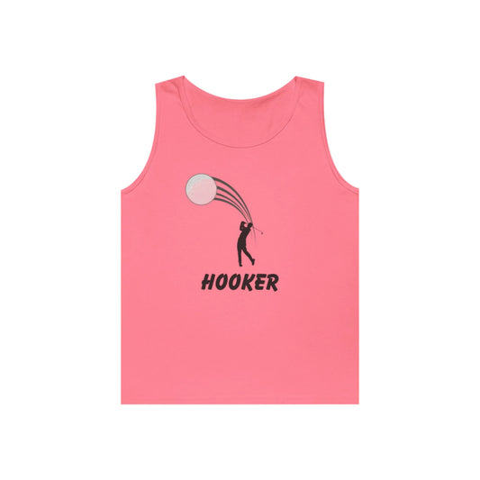 Peach "Hooker" women's tank with graphic of a golfer hitting a big hook with the text "Hooker" under the graphic with a white background