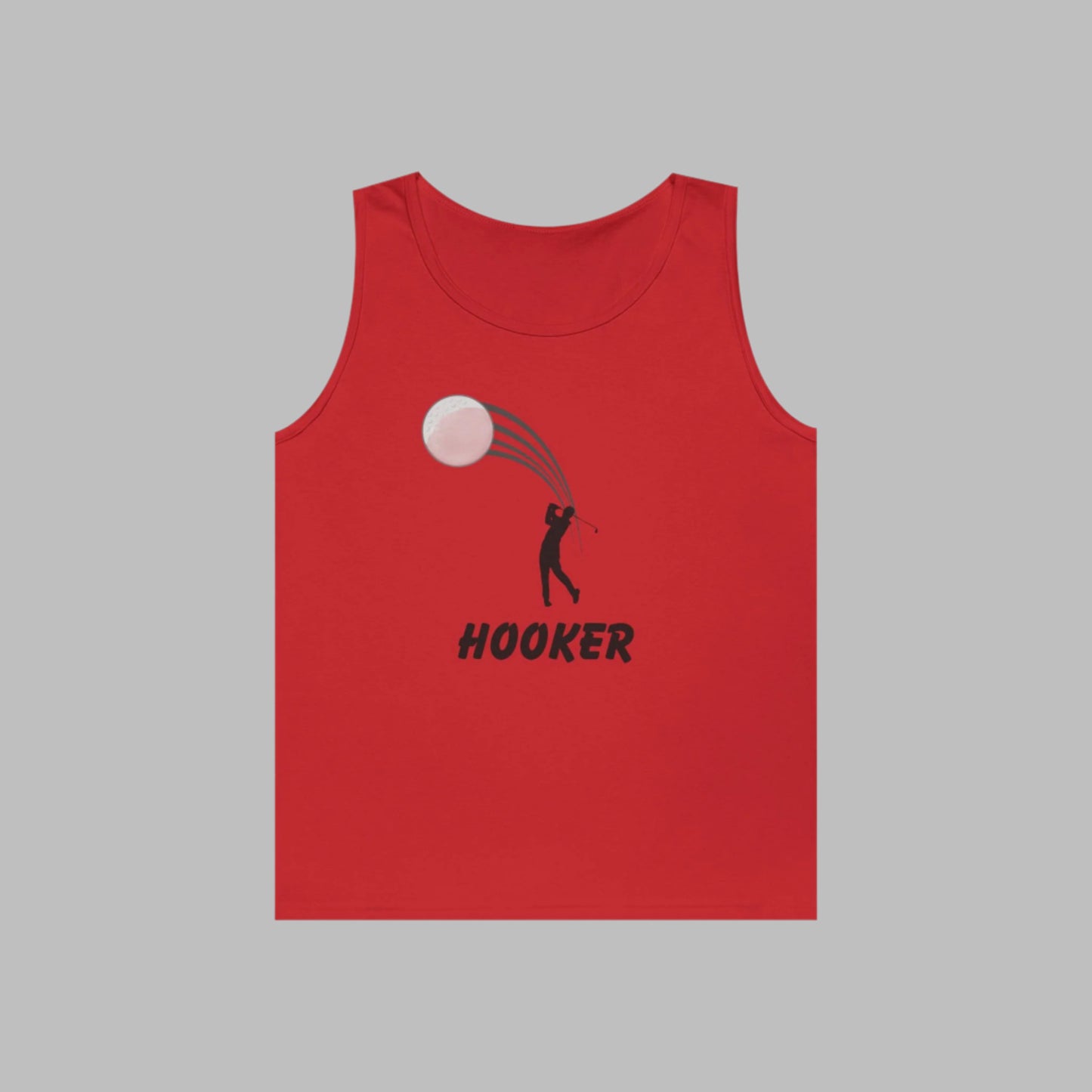 Red "Hooker" tank with a graphic of a golfer hitting a big draw with the text "Hooker" under the graphic with a gray background