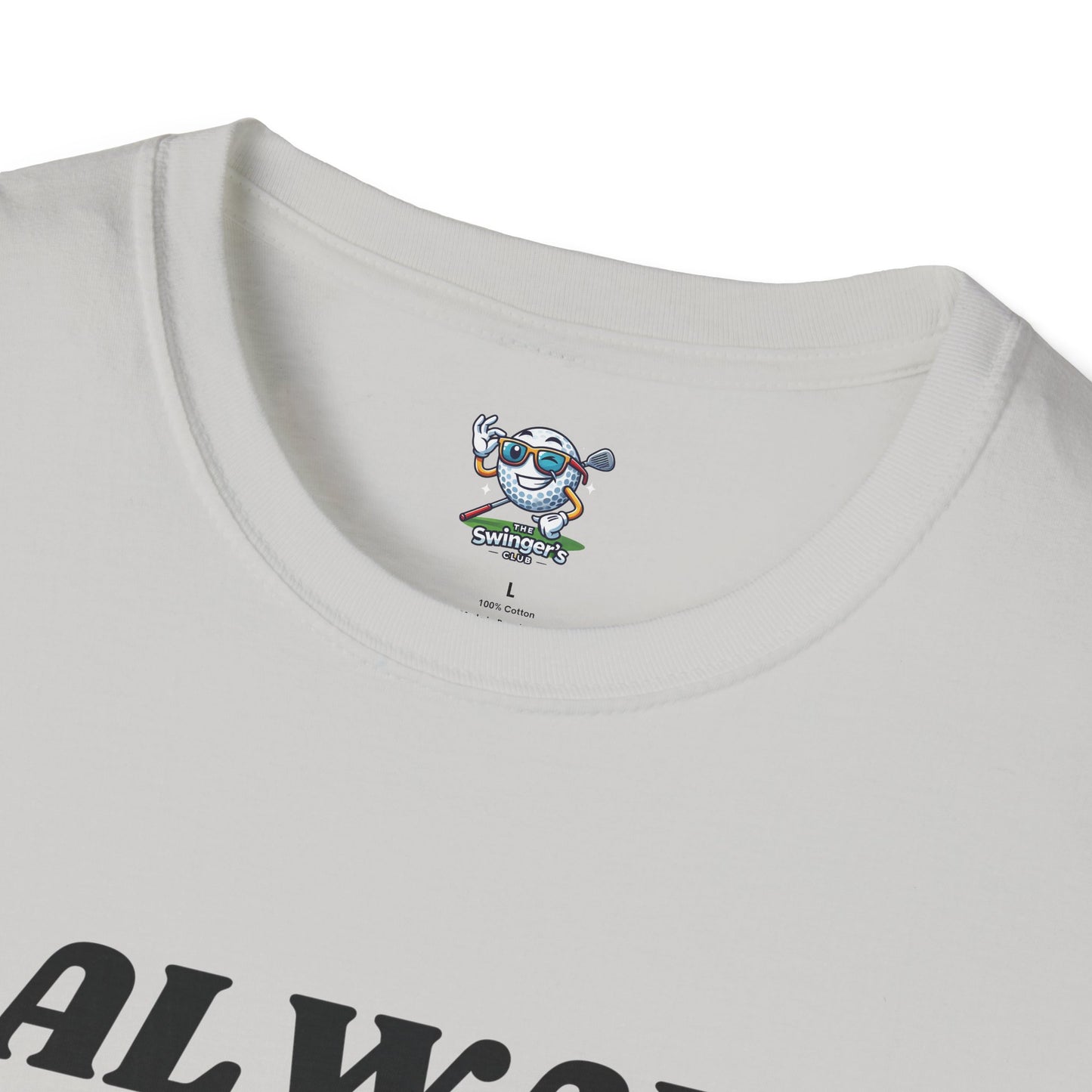 Close-up of a white t-shirt with a logo on the collar and text at the bottom.