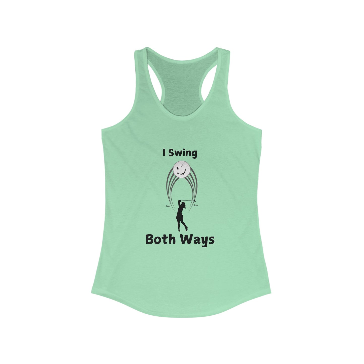 Green Tank with female golfer swing hitting both a Draw and a Fade with white background