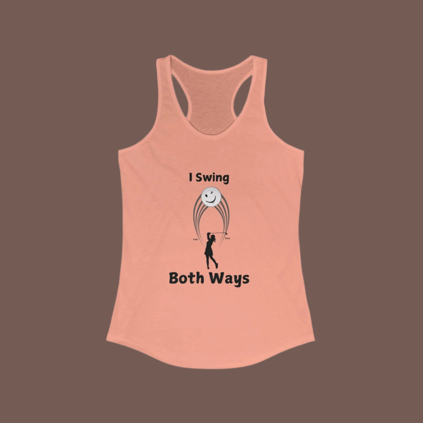 Peach tank with female golfer swing hitting both a Draw and a Fade with brown background