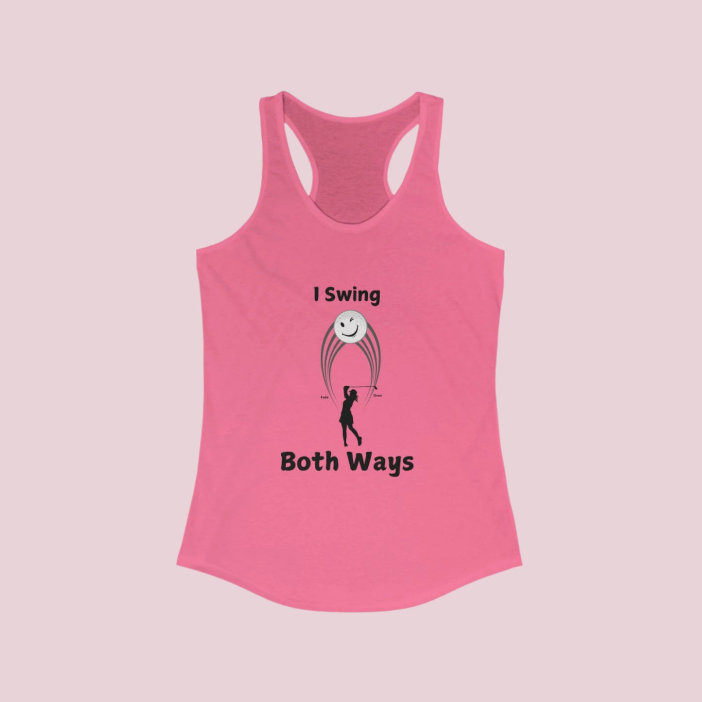 Pink tank with female golfer swing hitting both a Draw and a Fade with white background