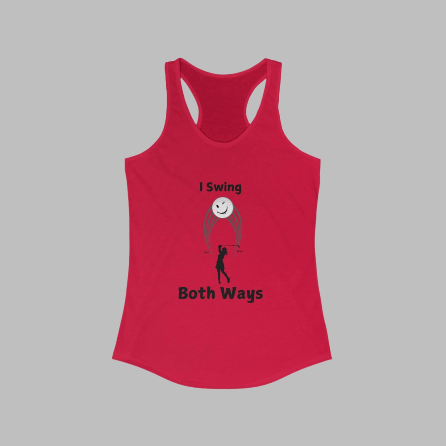 Red tank with female golfer swing hitting both a Draw and a Fade with gray background