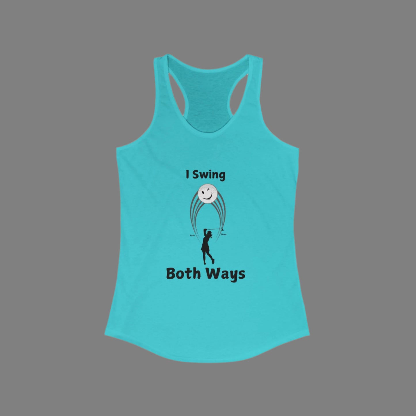 Turquoise tank with female golfer swing hitting both a Draw and a Fade with gray background