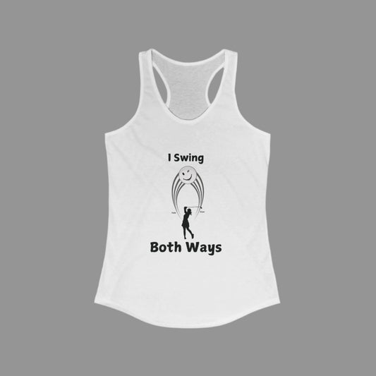 White shirt with female golfer swing hitting both a Draw and a Fade with gray background