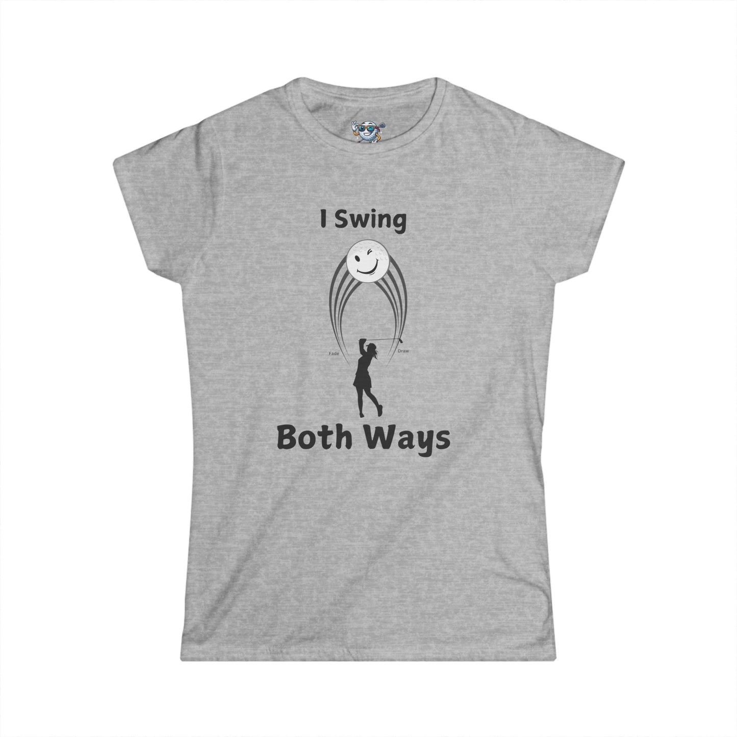 Gray shirt with female golfer swing hitting both a Draw and a Fade with white background