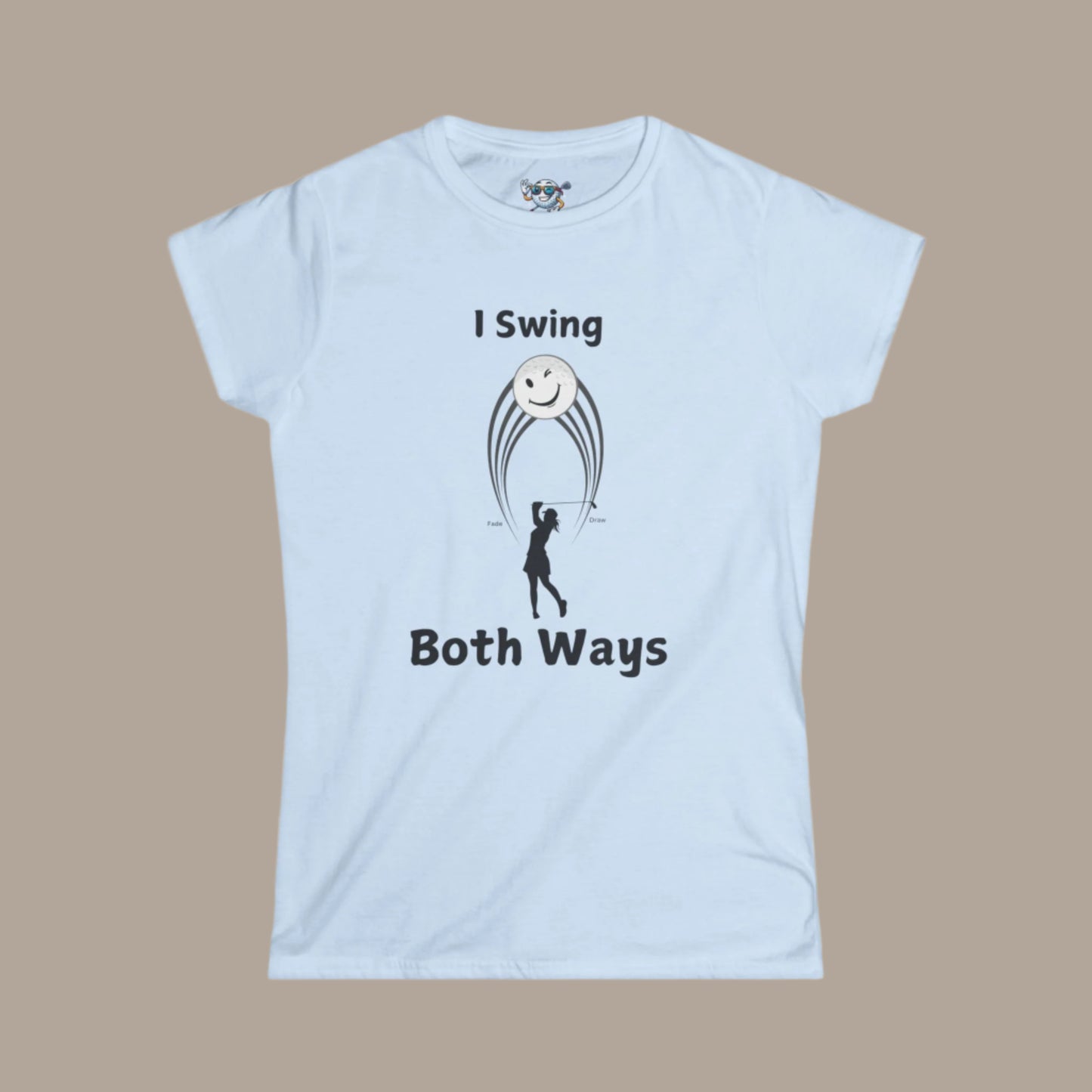 Light Blue shirt with female golfer swing hitting both a Draw and a Fade with white background