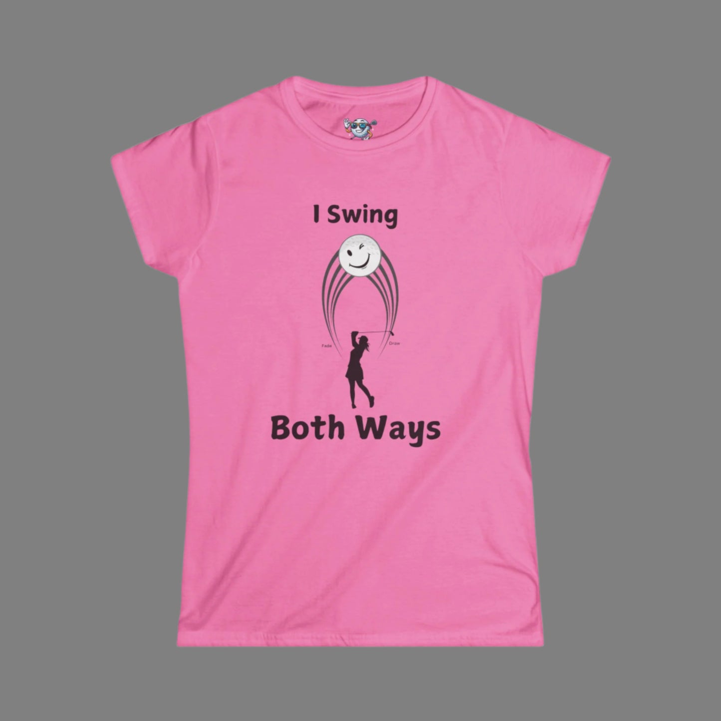 Pink shirt with female golfer swing hitting both a Draw and a Fade with gray background