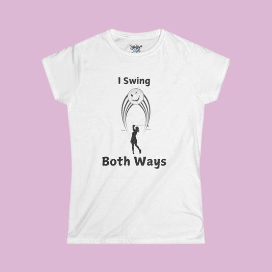 White shirt with female golfer swing hitting both a Draw and a Fade with pink background