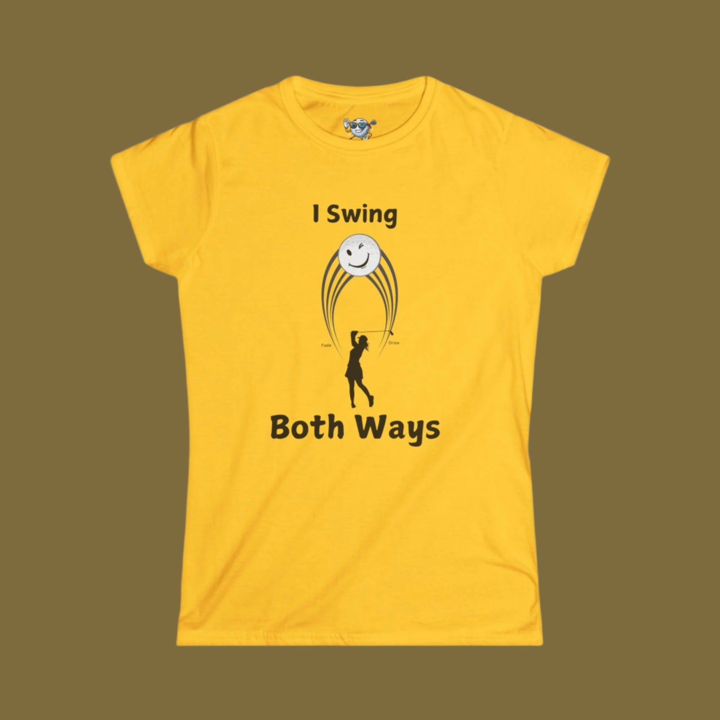 Yellow shirt with female golfer swing hitting both a Draw and a Fade with brown background