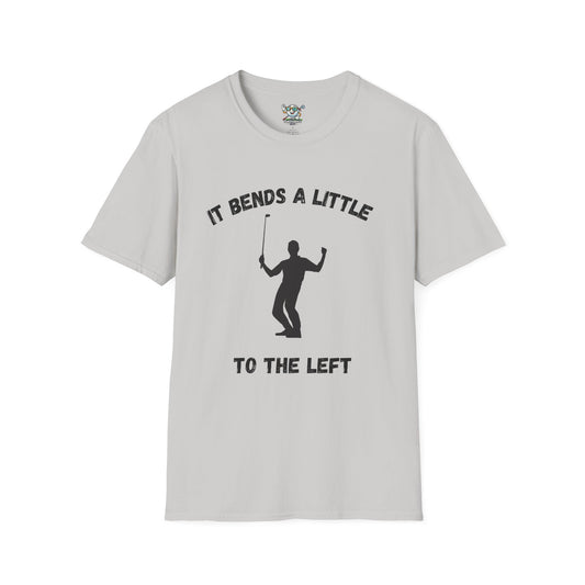 Gray Golf Shirt with golfer celebrating with a text saying "It bends a Little" above and "To the left" at the bottom of the design with a white background