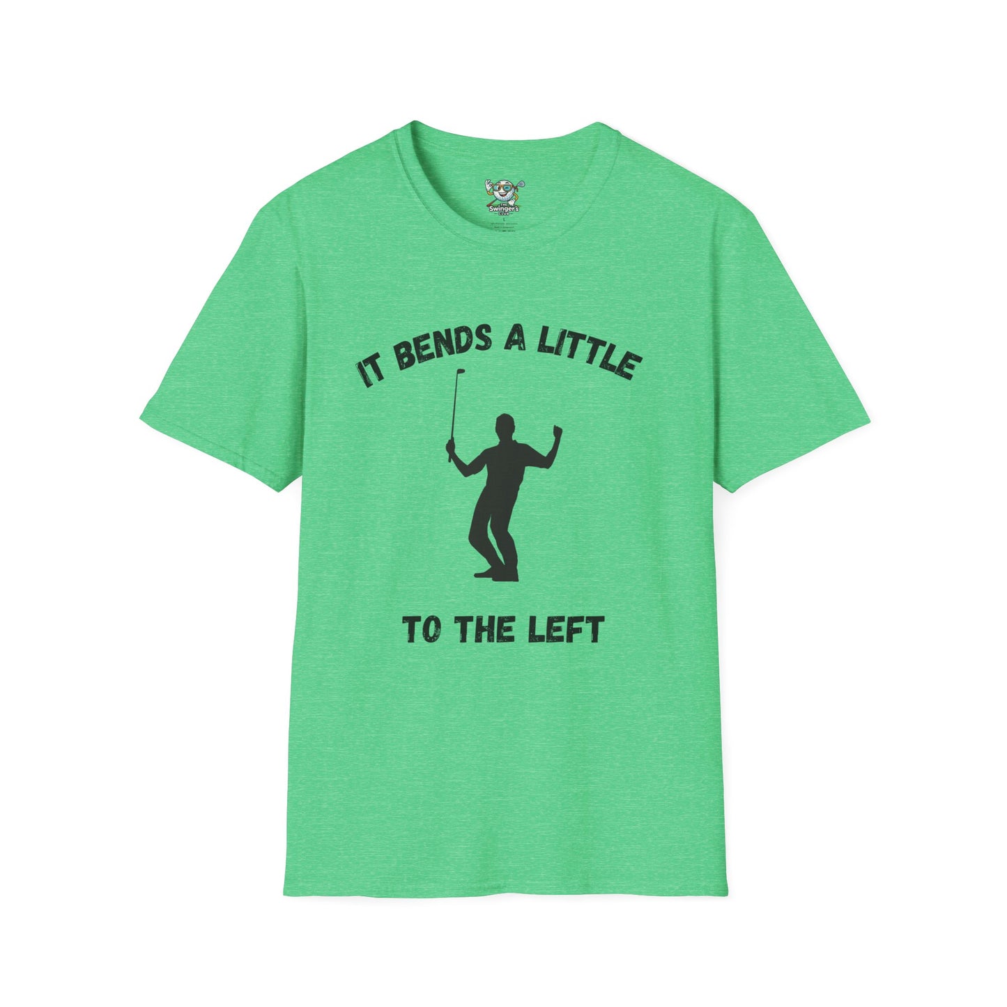 Green Golf Shirt with golfer celebrating with a text saying "It bends a Little" above and "To the left" at the bottom of the design with a white background