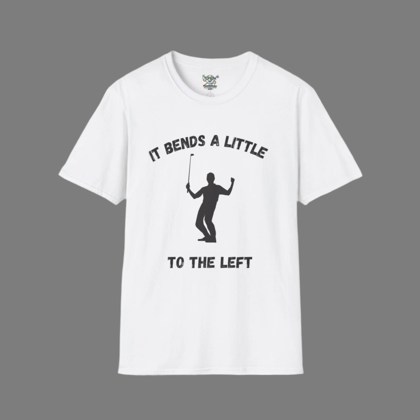 White Golf Shirt with golfer celebrating with a text saying "It bends a Little" above and "To the left" at the bottom of the design with a dark gray background