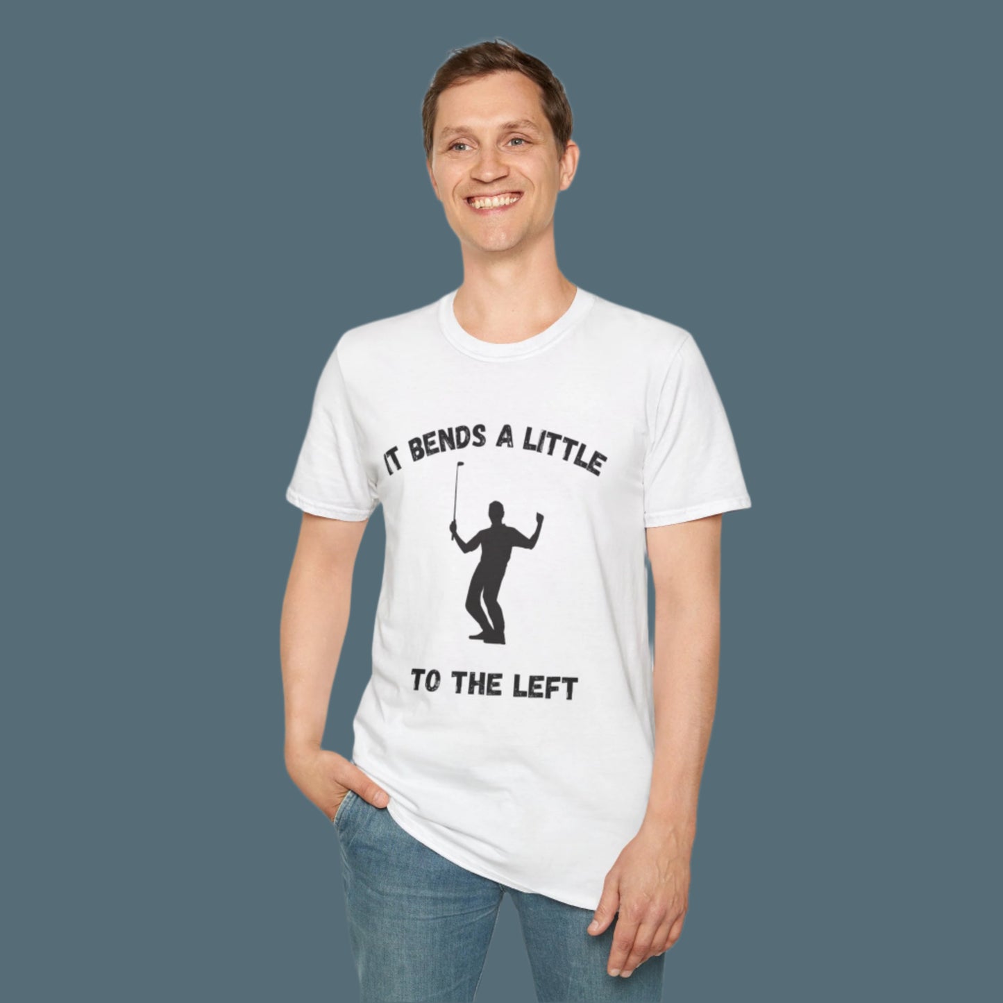 It bends a Little to The Left white golf shirt worn by model.