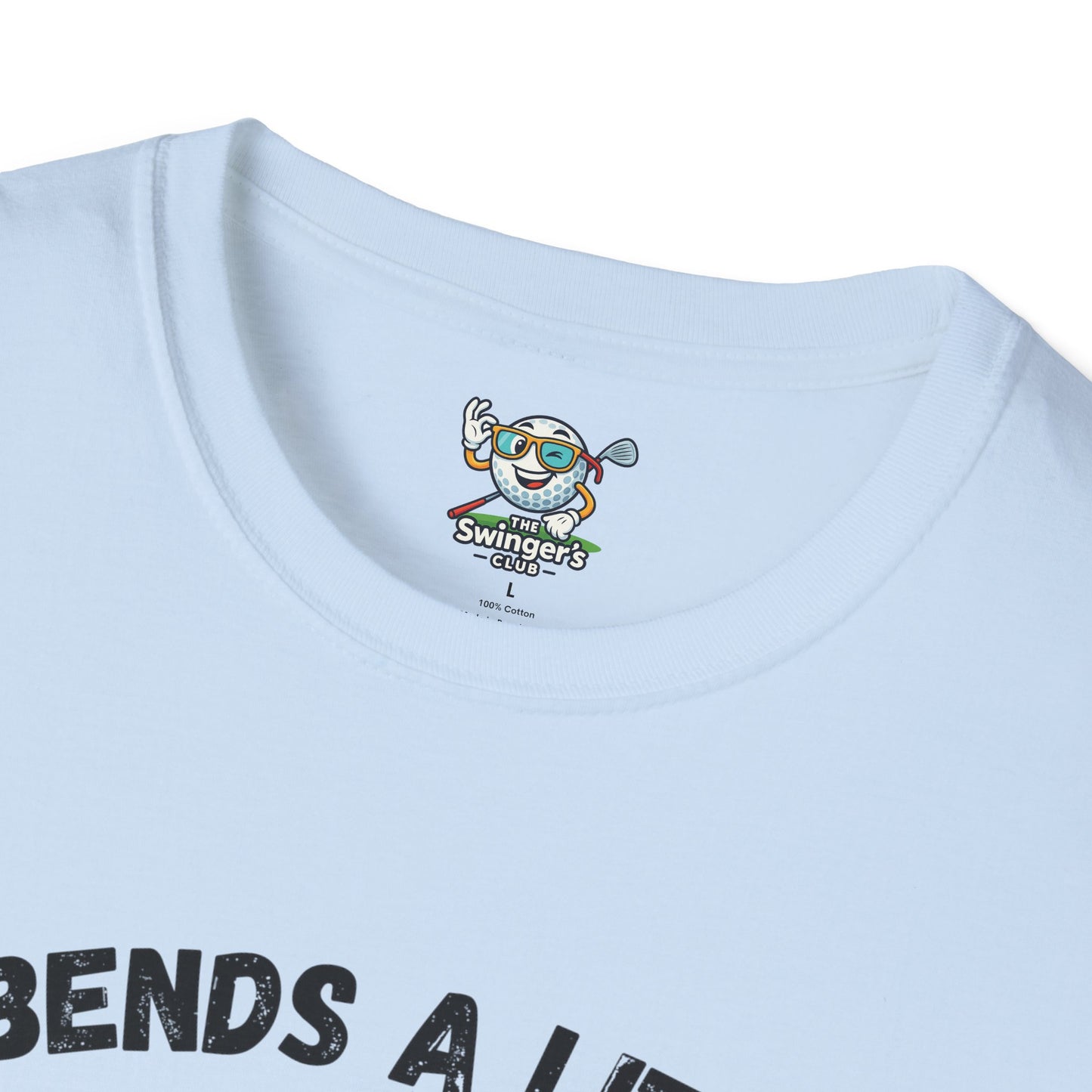 Light blue t-shirt with a logo and text on a white background