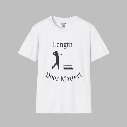 White shirt with design of golfer and tape measure with "Length" above it and "Does Matter" below it