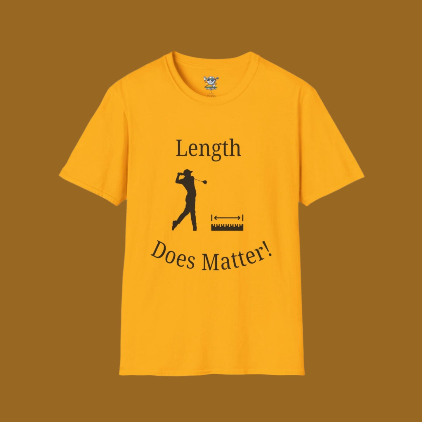 Yellow shirt with design of golfer and tape measure with "Length" above it and "Does Matter" below it