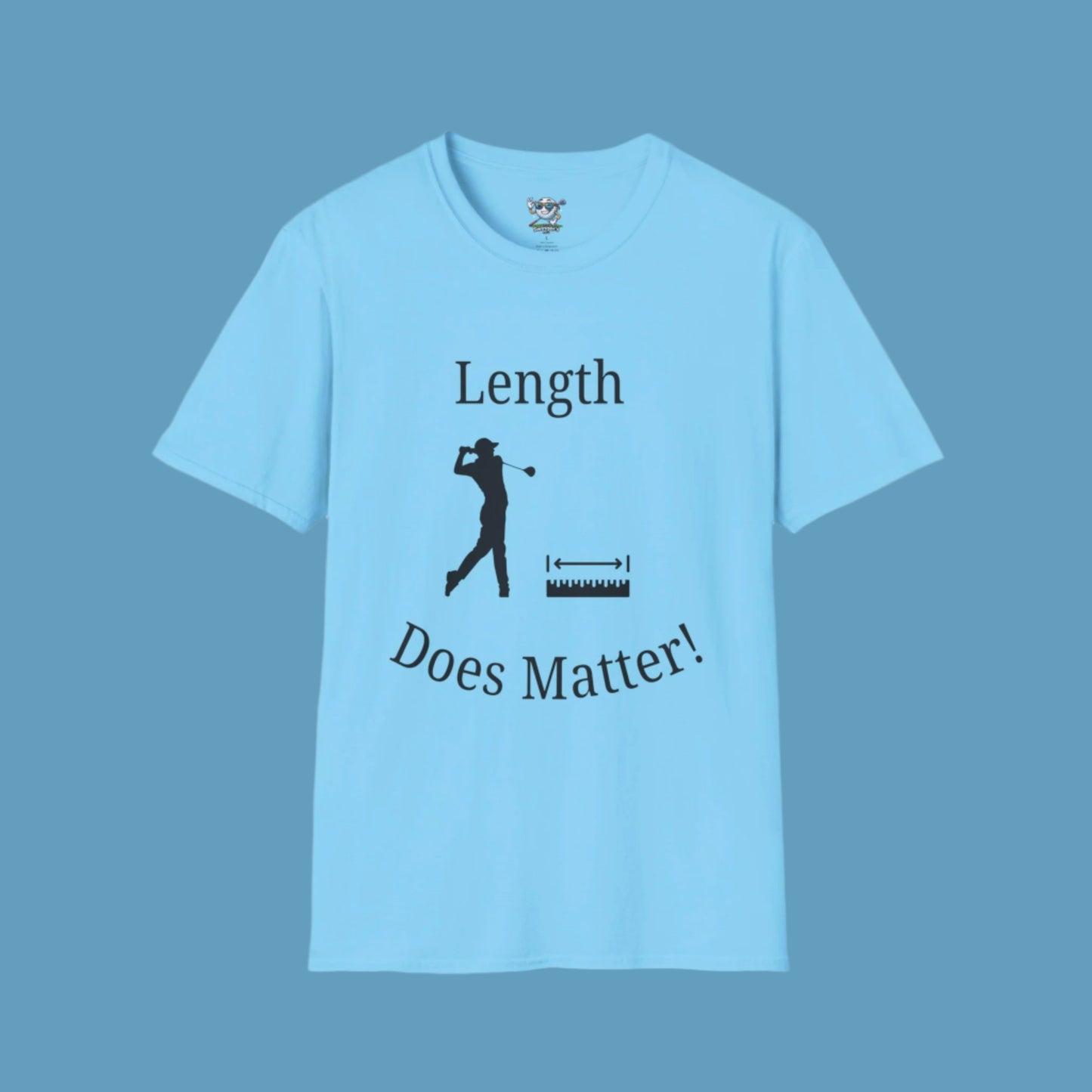 Light Blue shirt with design of golfer and tape measure with "Length" above it and "Does Matter" below it