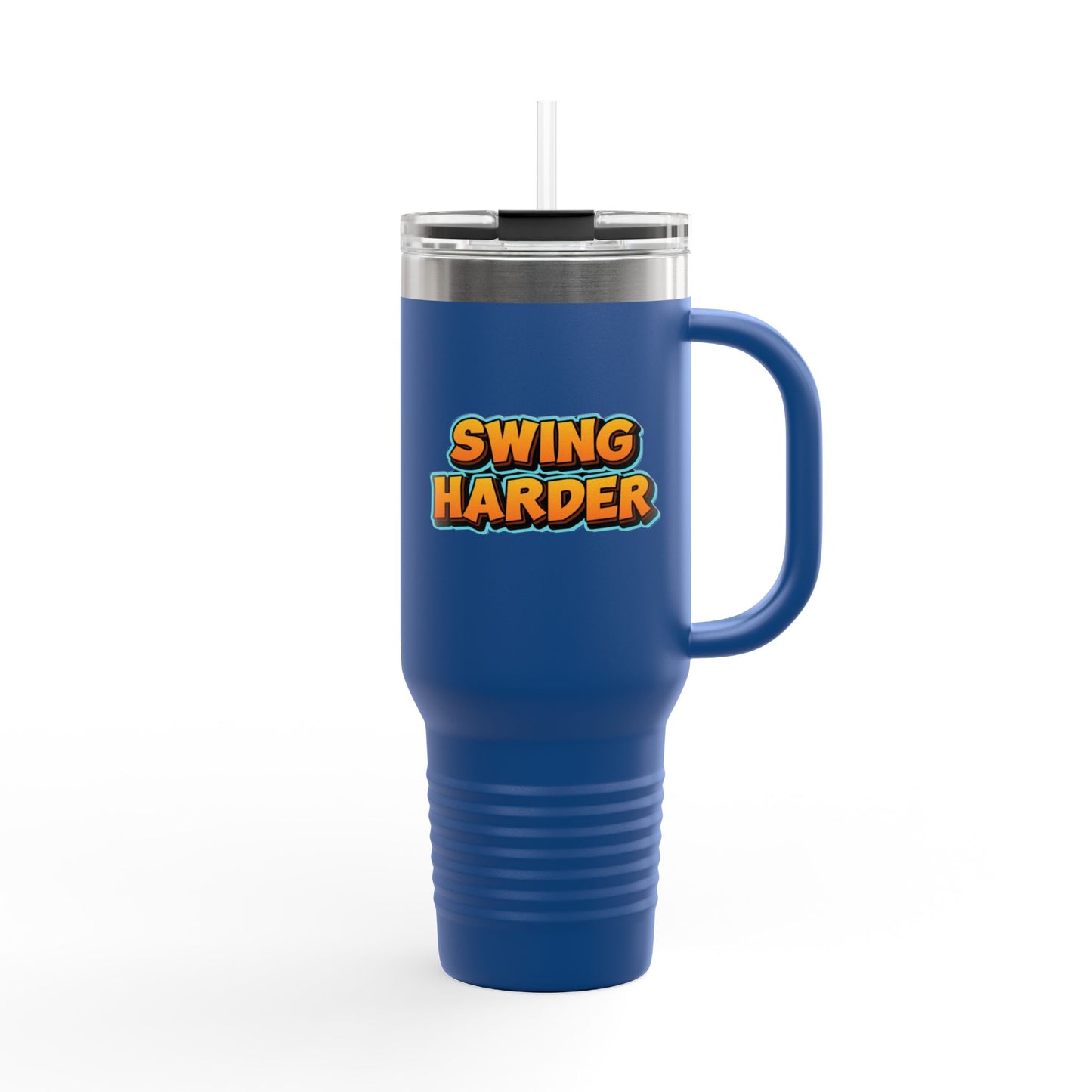 Blue travel mug with 'SWING HARDER' text on a white background