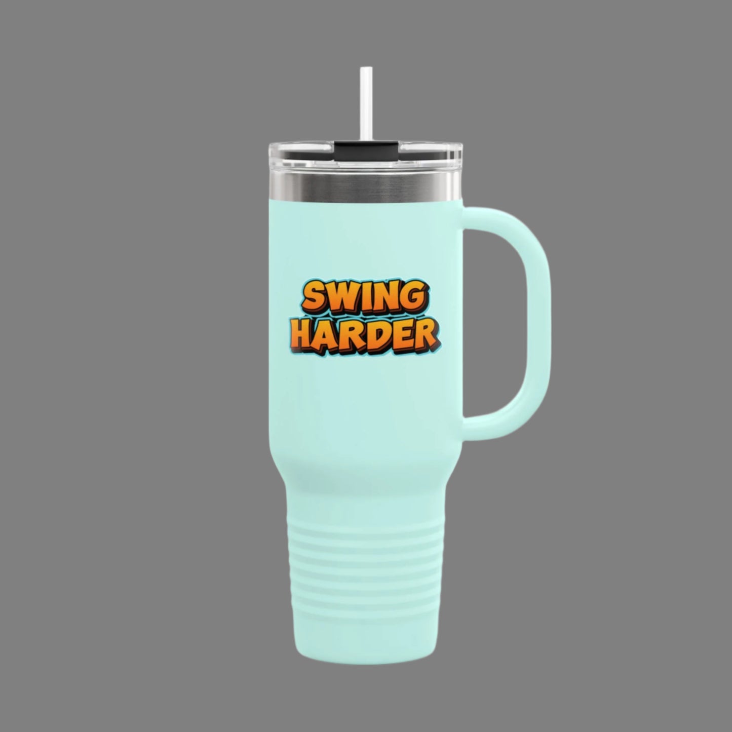 Light blue travel mug with 'SWING HARDER' text on a gray background
