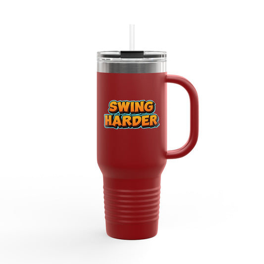 Red travel mug with 'SWING HARDER' text on a white background