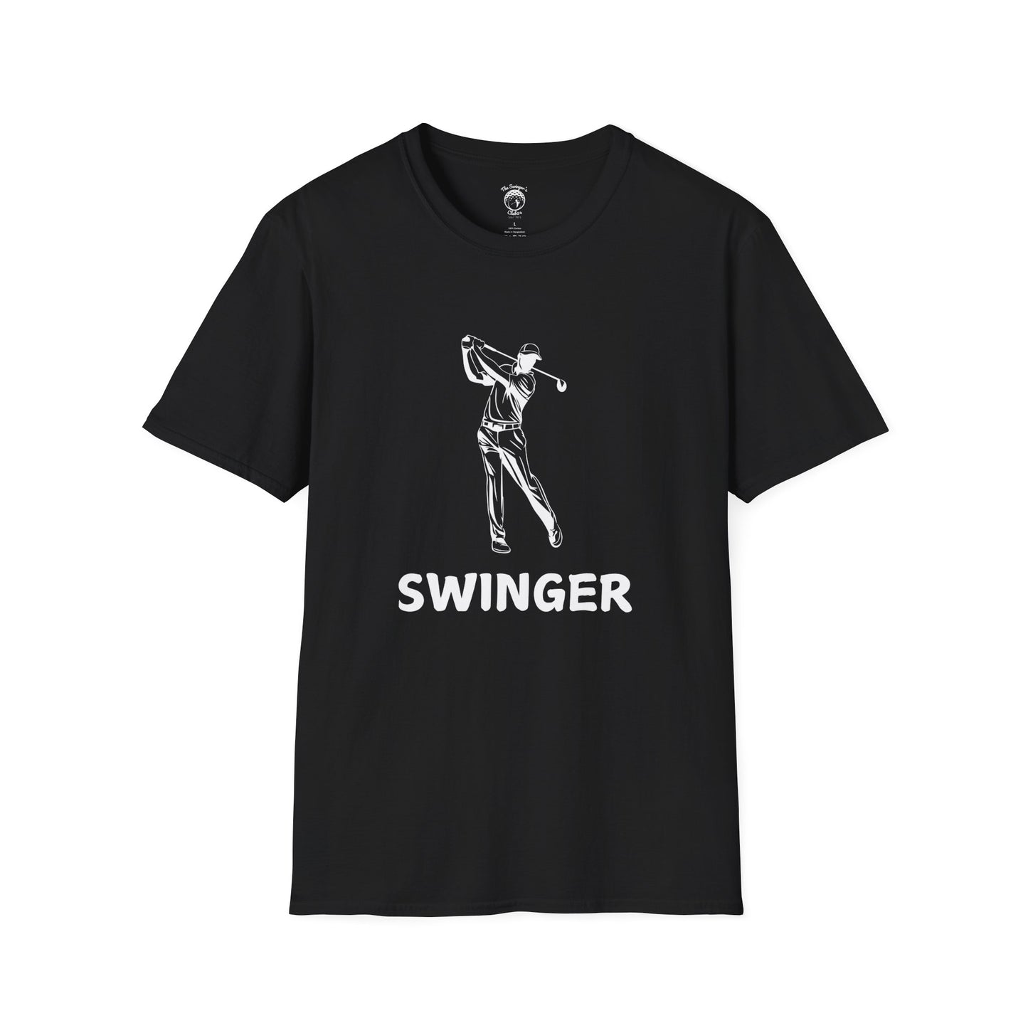 Black golf shirt with graphic of a golfer with the text Swinger under the graphic with a white background.