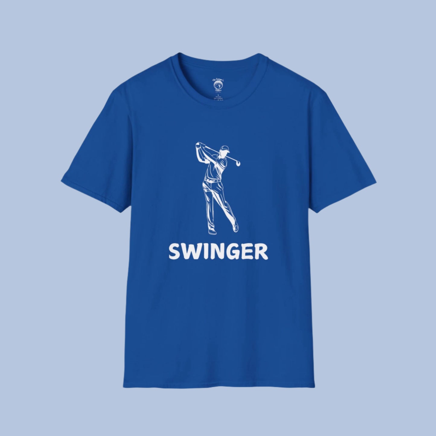 Blue golf shirt with graphic of a golfer with the text Swinger under the graphic with a light blue background.