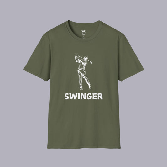 Green golf shirt with graphic of a golfer with the text Swinger under the graphic with a gray background.