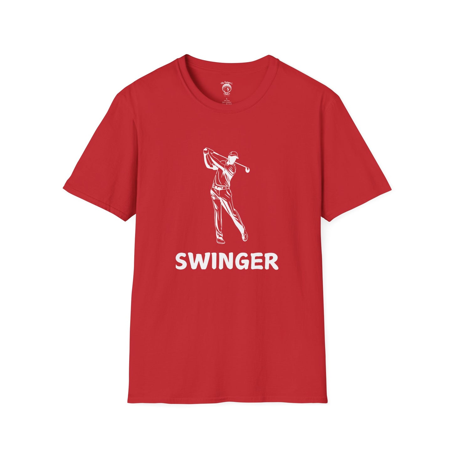 Red golf shirt with graphic of a golfer with the text Swinger under the graphic with a white background.