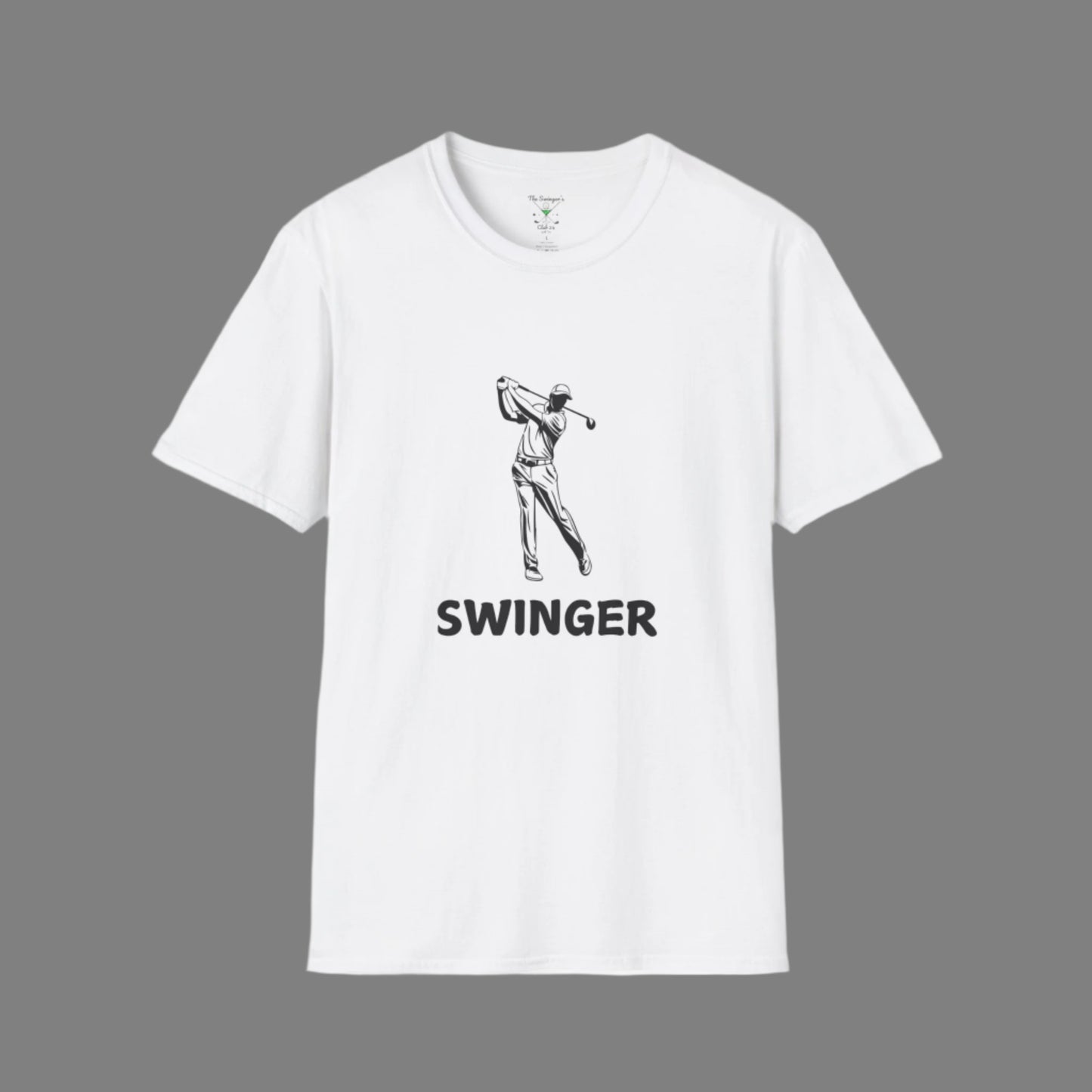 White golf shirt with graphic of a golfer with the text Swinger under the graphic with a gray background.