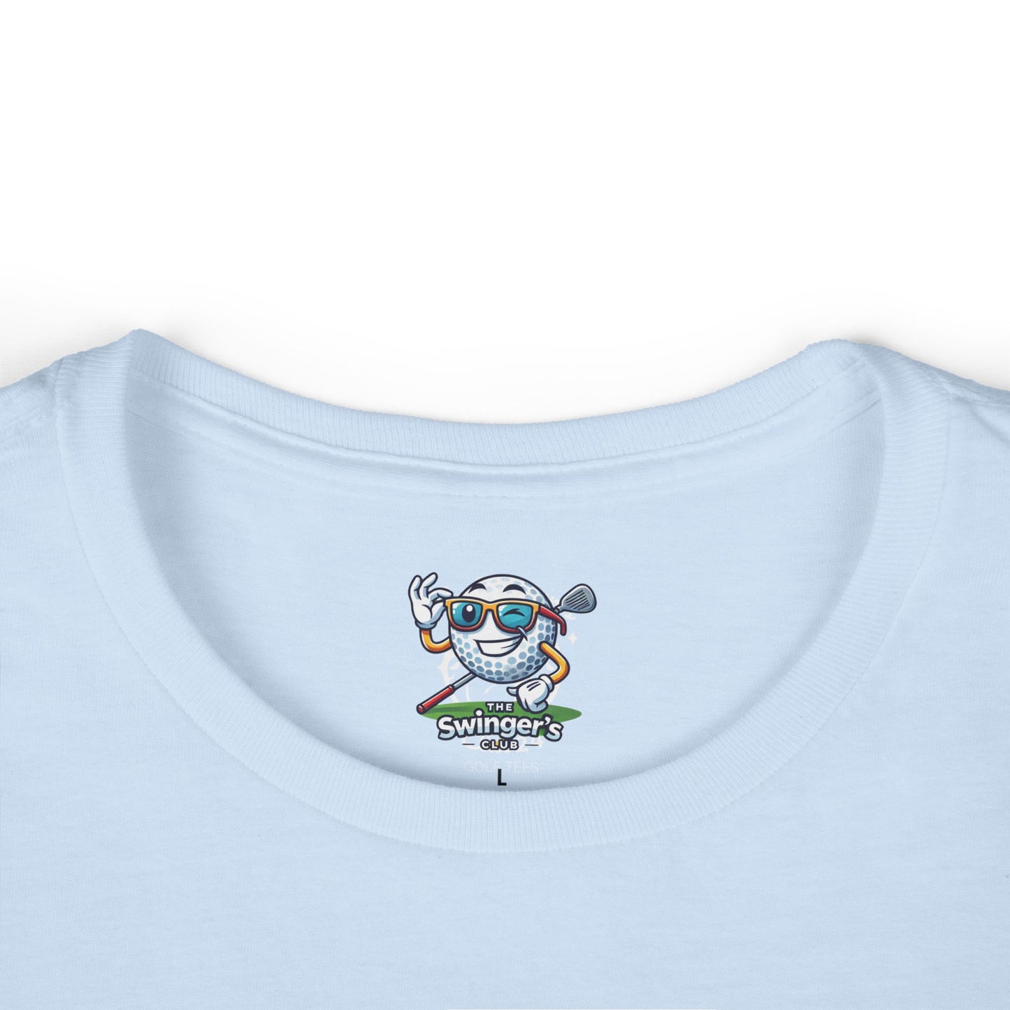 Light blue t-shirt with a golf ball character and 'Swingers Club' text on a white background