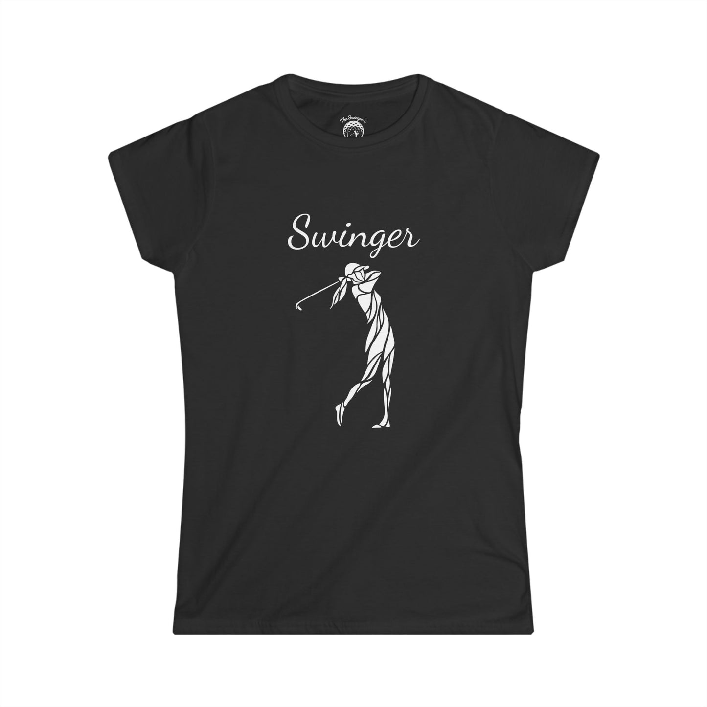 Black Golf shirt with a design of a Female Golfer at the finish of her swing with the text Swinger over the design with a white background