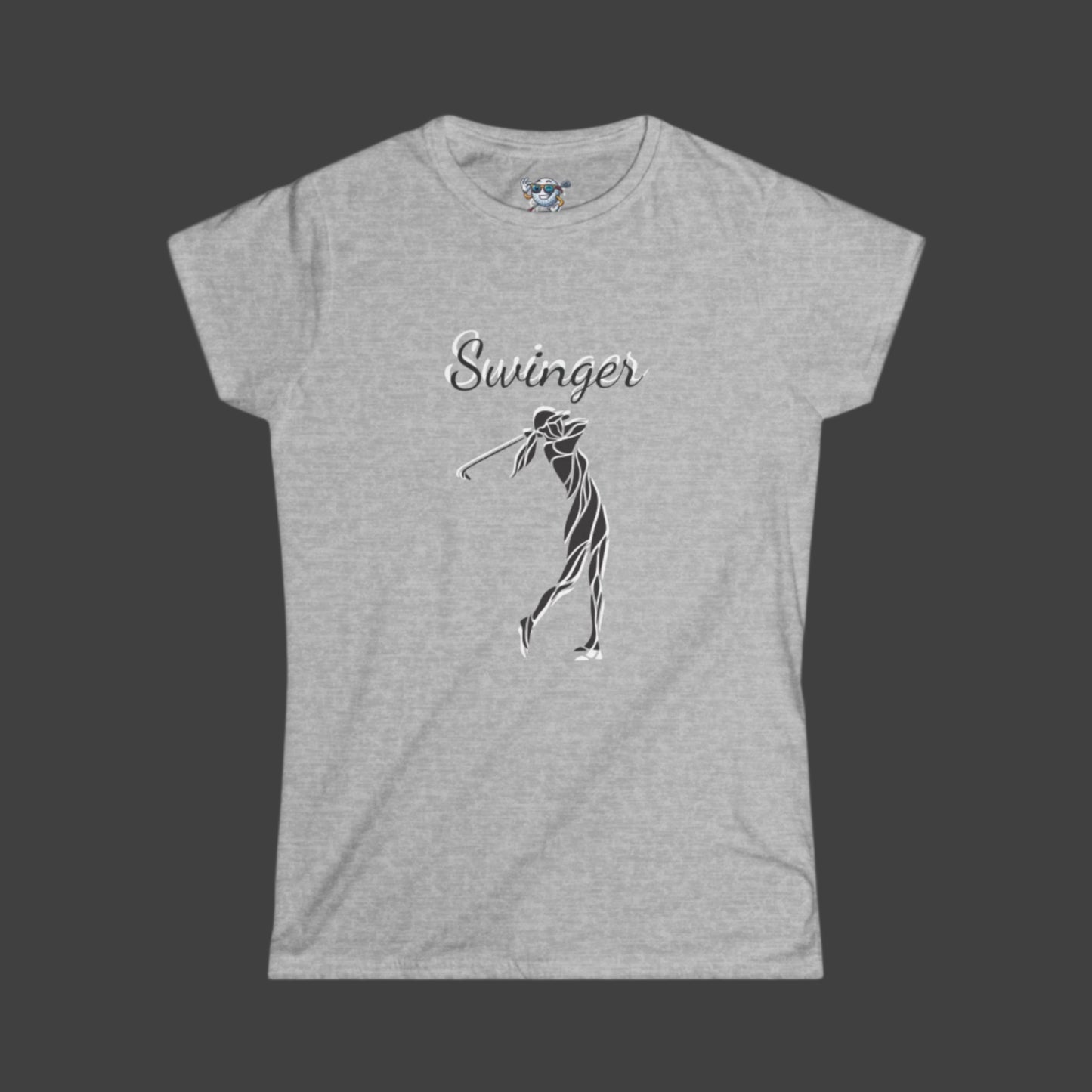 Gray Golf shirt with a design of a Female Golfer at the finish of her swing with the text Swinger over the design with a dark gray background