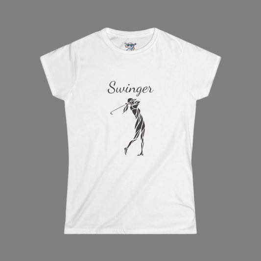 White Golf shirt with a design of a Female Golfer at the finish of her swing with the text Swinger over the design with a gray background