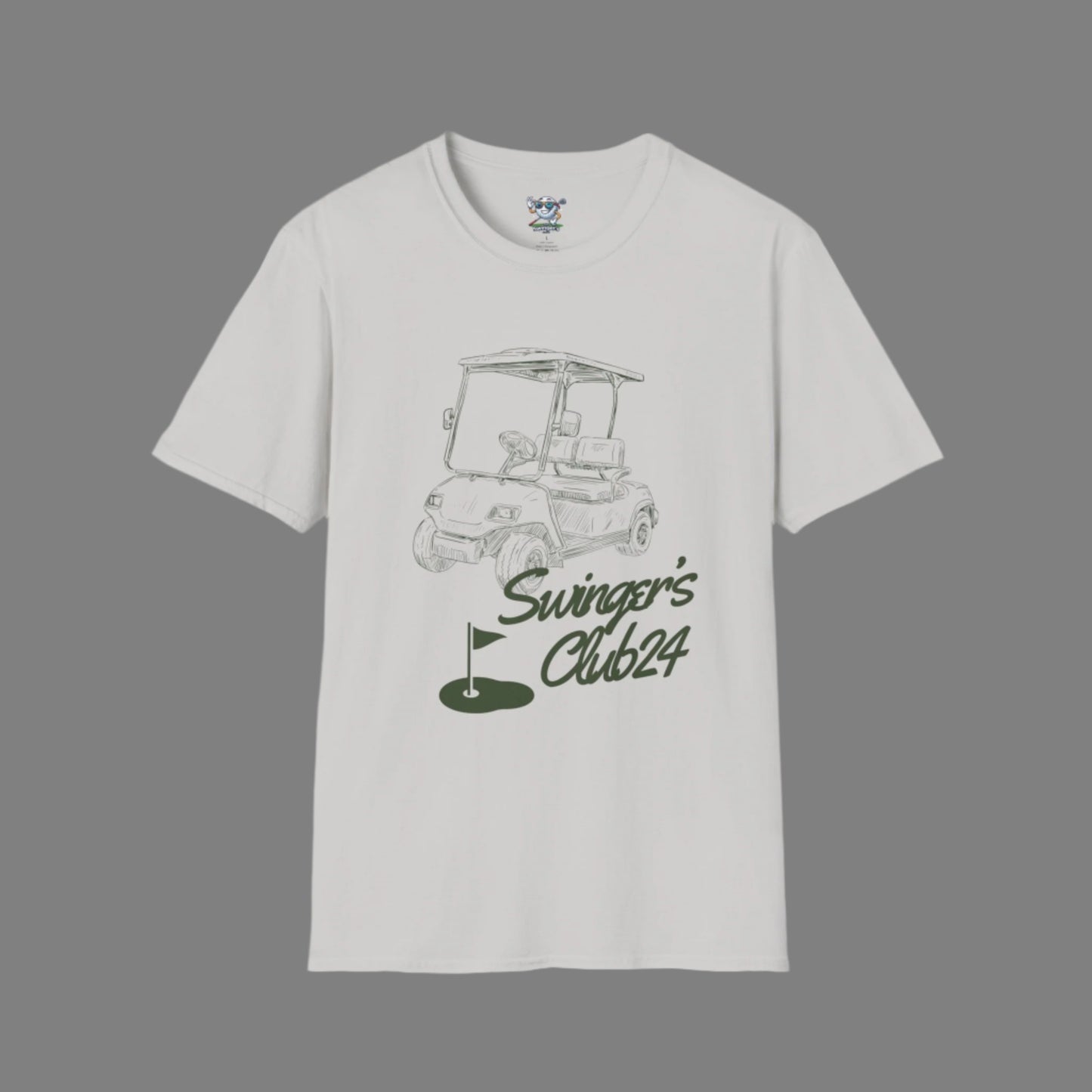 Gray t-shirt with golf cart graphic and 'Swinger's Club24' text on a dark gray background